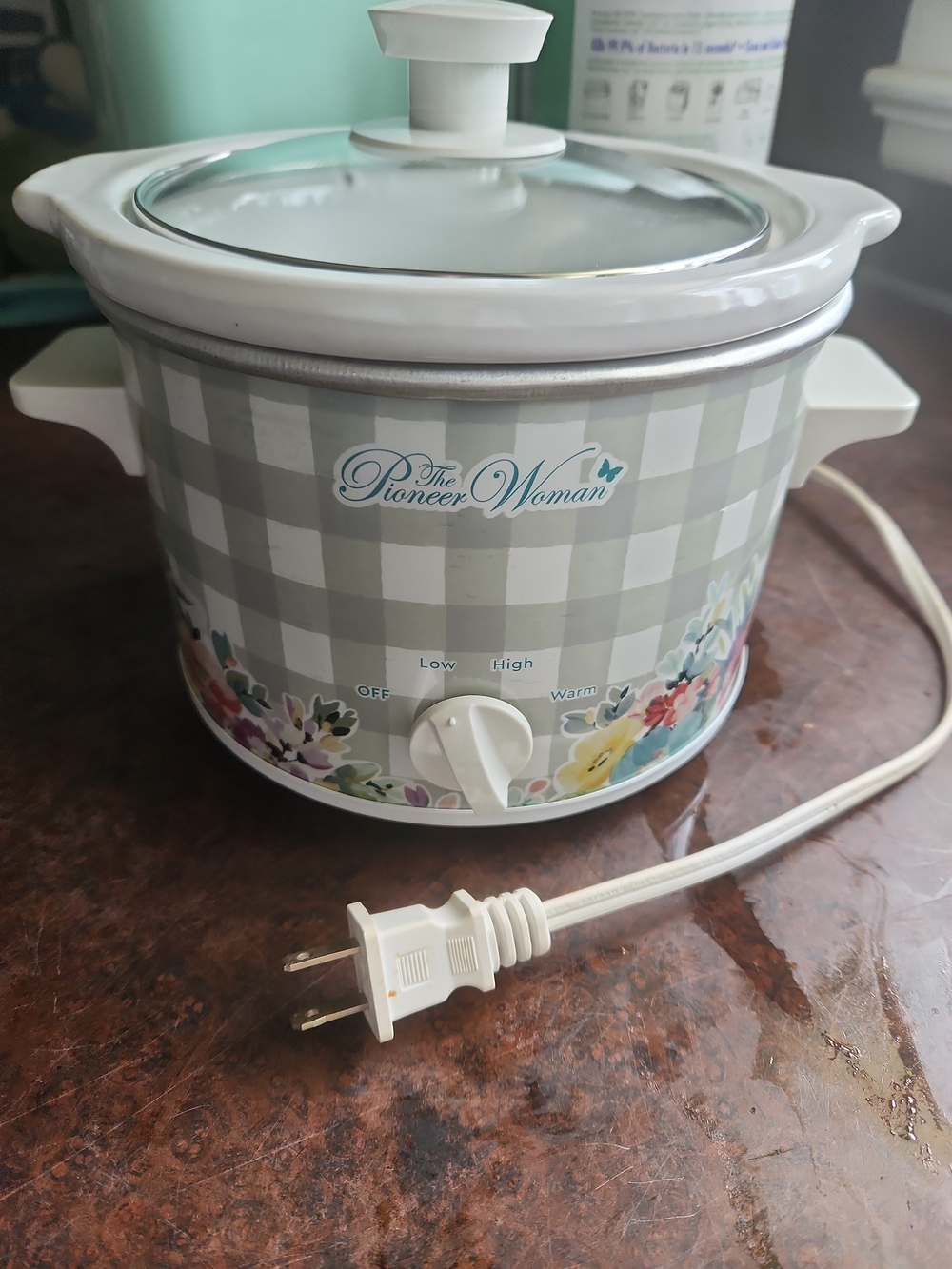 The Pioneer Woman Small Slow Cooker Hot Pot 1.5 Qt Sage Gingham with Floral Trim